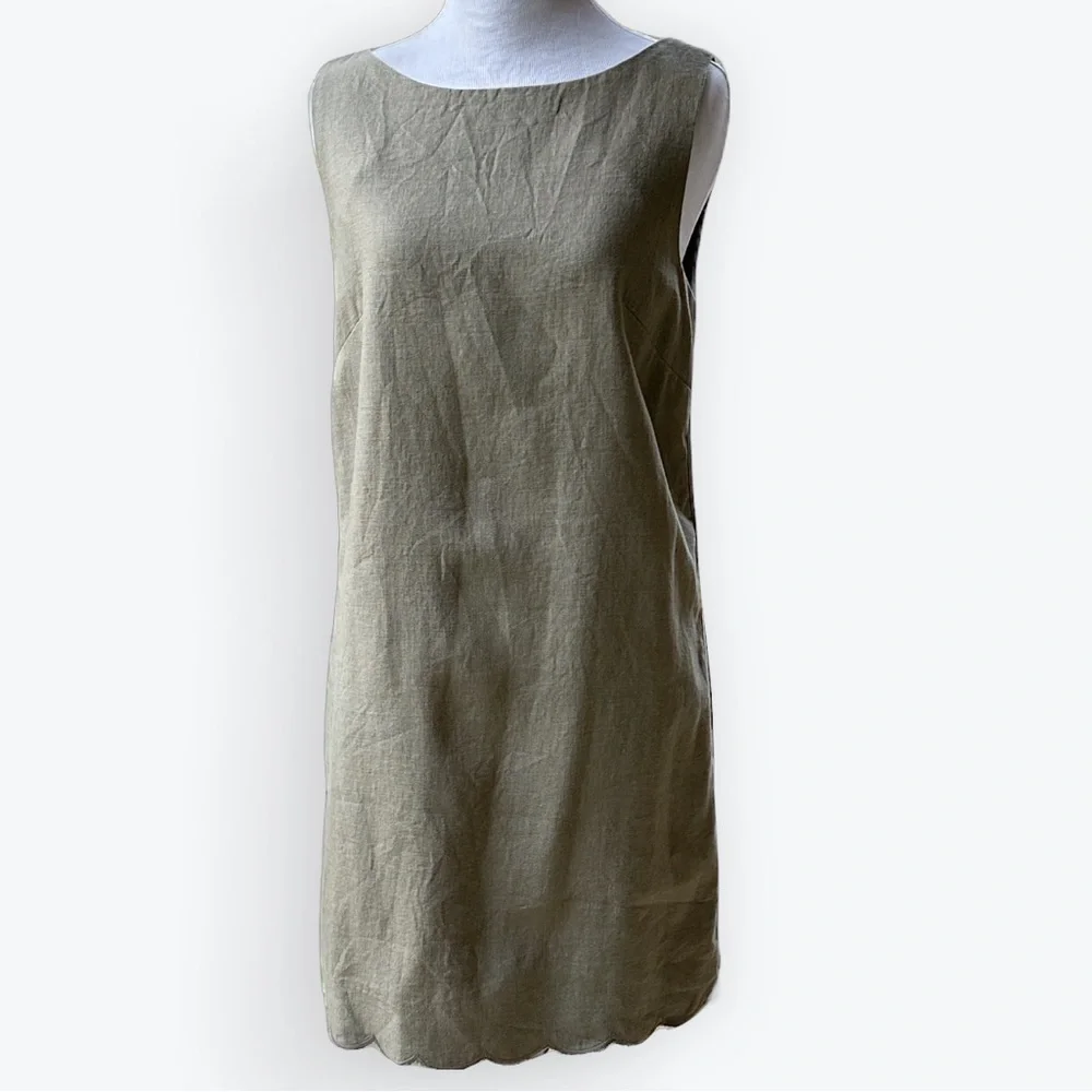 Feminine Minimalist Linen Scalloped Button-Back Neutral Tan Khaki Shift Dress~XS